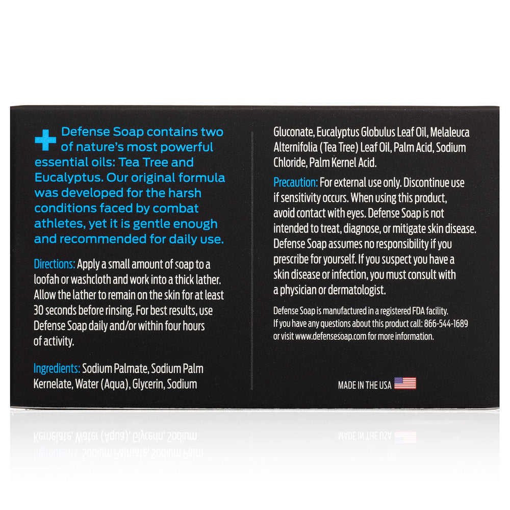 Packaging of Defense Soap tea tree bar highlighting natural ingredients