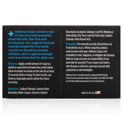 Packaging of Defense Soap tea tree bar highlighting natural ingredients