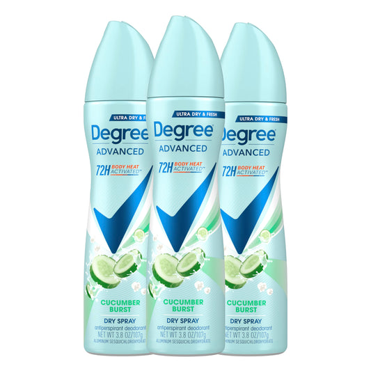 Degree Cucumber Burst dry spray bottle shown from the front for all-day freshness.