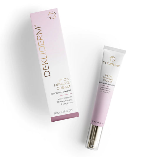 DEKLIDERM Neck Firming Cream tube shows retinol and bakuchiol formula for smoother neck skin.