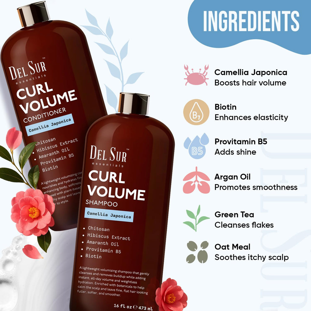 DEL SUR curly conditioner bottle close-up highlighting detangling and soft curls.