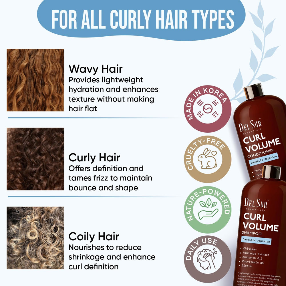 DEL SUR curly shampoo and conditioner flatlay showcasing the set for daily curl care.