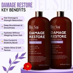 DEL SUR Hair Repair Shampoo label closeup highlighting Camellia Japonica and amino acids.