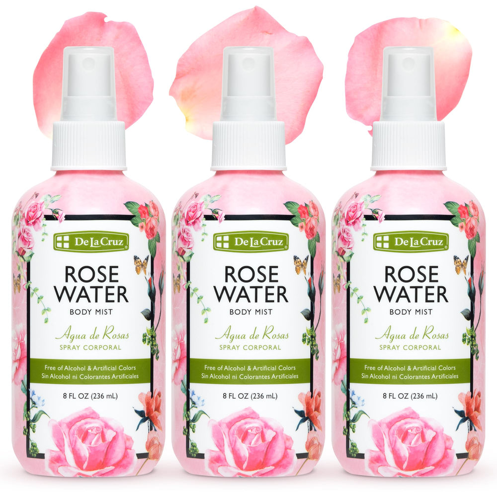 De La Cruz Pure Rose Water bottle top view shows product packaging