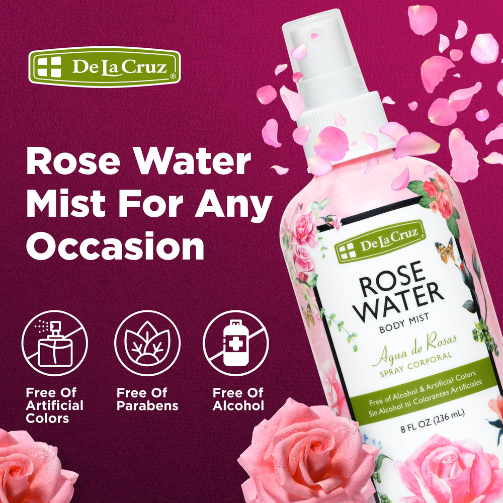 De La Cruz Rose Water Body Spray after shower refreshes skin with gentle scent