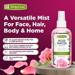 De La Cruz Rose Water Face Mist applied for quick hydration and aroma