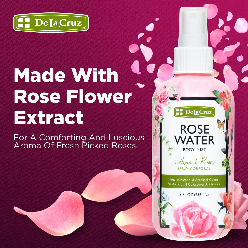 De La Cruz Rose Water Hair Mist provides light fragrance and refreshed feel