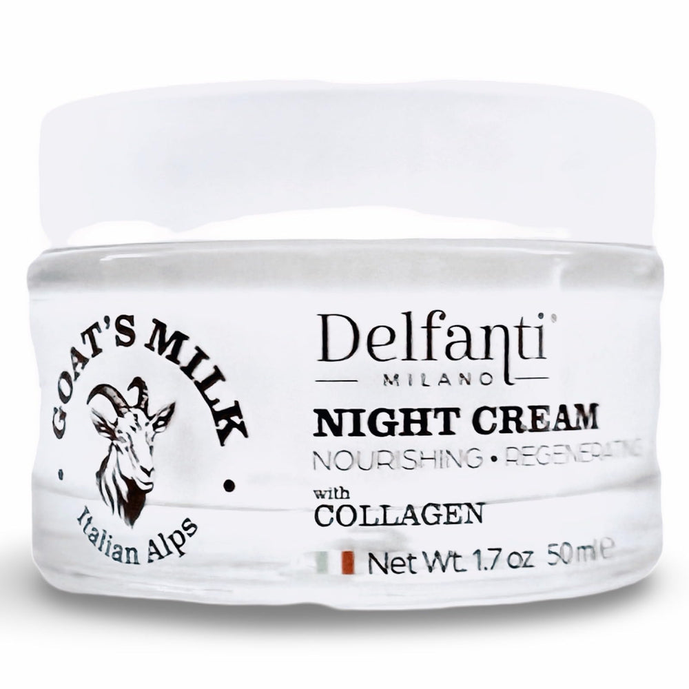 Delfanti-Milano goat's milk collagen night cream bottle for nourished, rejuvenated skin.