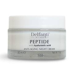 Delfanti-Milano peptide night cream bottle close-up, hydrating facial care