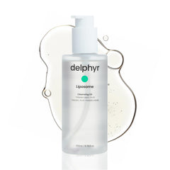 Delphyr Liposome Daily Cleansing Oil bottle showing milky emulsion for gentle makeup removal.