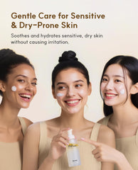 Pump bottle of Here-Oh-My serum supports gentle hydration on sensitive skin.
