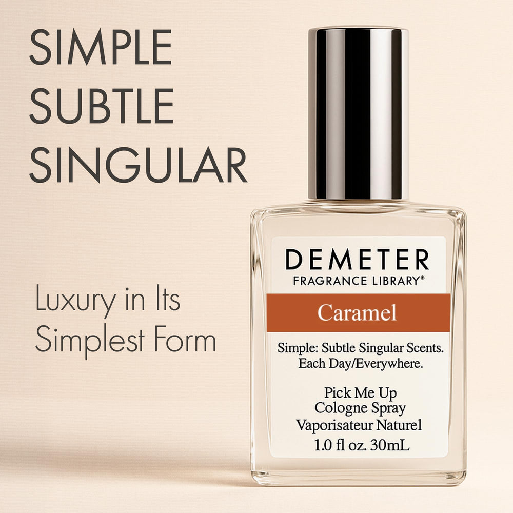 DEMETER caramel bottle side view, portable scent for on the go