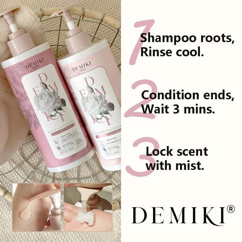 DEMIKI moisturizing shampoo close-up shows hydration and shine benefits.