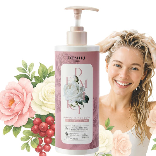 DEMIKI Shampoo Women bottle with rose scent elevates daily cleansing ritual.