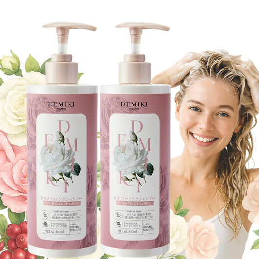 DEMIKI shampoo bottle with rose scent for refreshing daily cleansing.