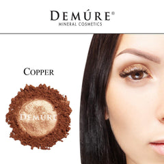 DEMÚRE copper glitter eye shadow close-up demonstrates easy layering and depth.