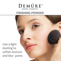 DEMÚRE Demure Mineral Finishing Powder in Tan packaging box shown, cruelty-free and USA-made.