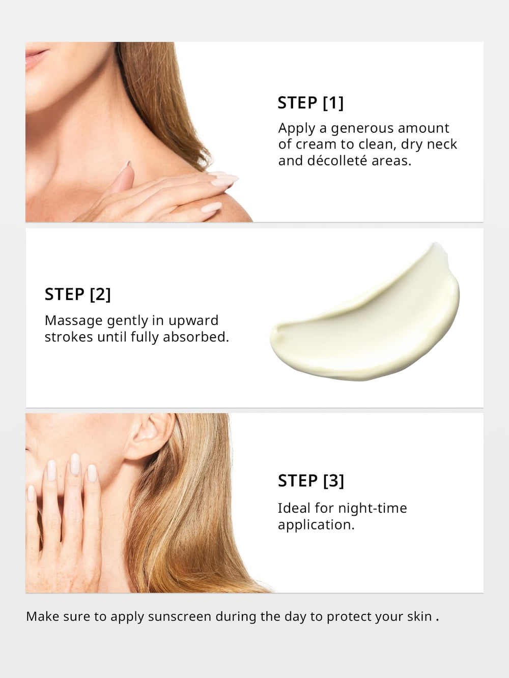 Depology night-time neck care routine shown on clean skin before bed.