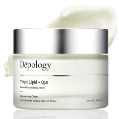 Depology Triple Lipid+Q10 facial moisturizer bottle closeup showing lightweight hydration.