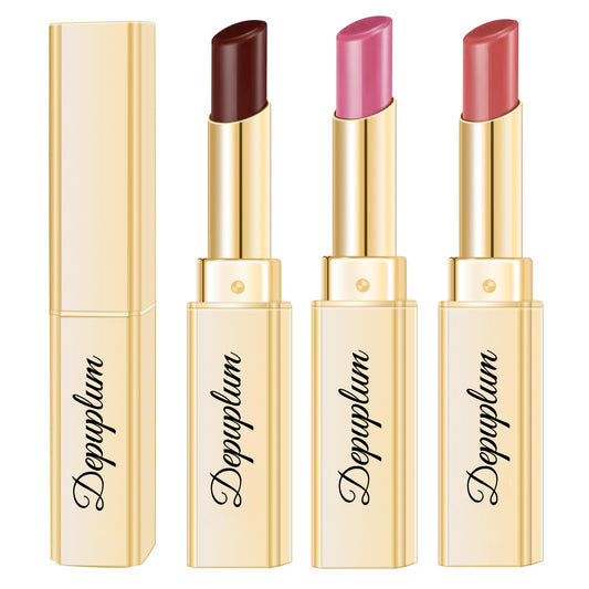 Depuplum 3pc brown lipsticks set packaging closeup for on-the-go touch-ups