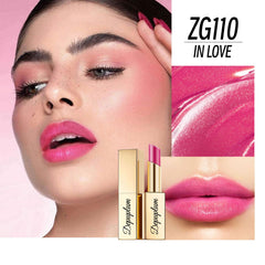Depuplum DM110 hot pink lipstick application close-up showing vivid color.