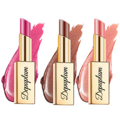 Depuplum hot pink brown nude lipstick set packaging highlights premium vegan formula and chic design.
