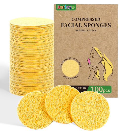 Derloyo compressed facial sponges yellow pack for easy travel and daily cleansing.