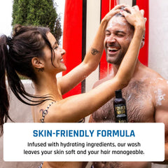 Derm Dude after-use hydrated skin and refreshed hair in mirror close-up