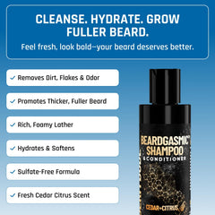 Hands applying BeardGasmic to beard during grooming session.