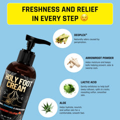 Derm Dude Holy Foot Cream DeoPlex freshness shot conveys long-lasting clean feel.