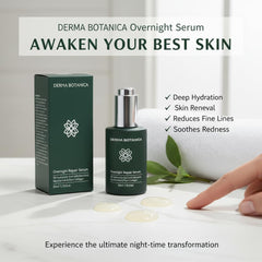 Derma Botanica Overnight Repair Serum dropper closeup, gentle nightly hydration.