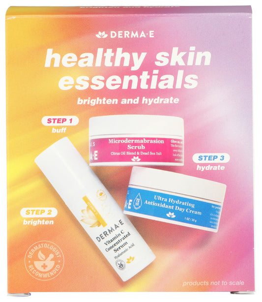Derma E Healthy Skin Essentials Kit packaging on countertop for cruelty-free routine.