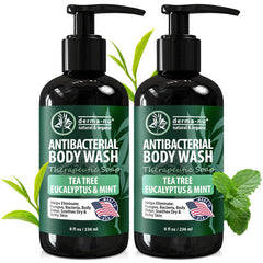 Derma-Nu antibacterial body wash bottle pour—soothing tea tree formula for clean skin