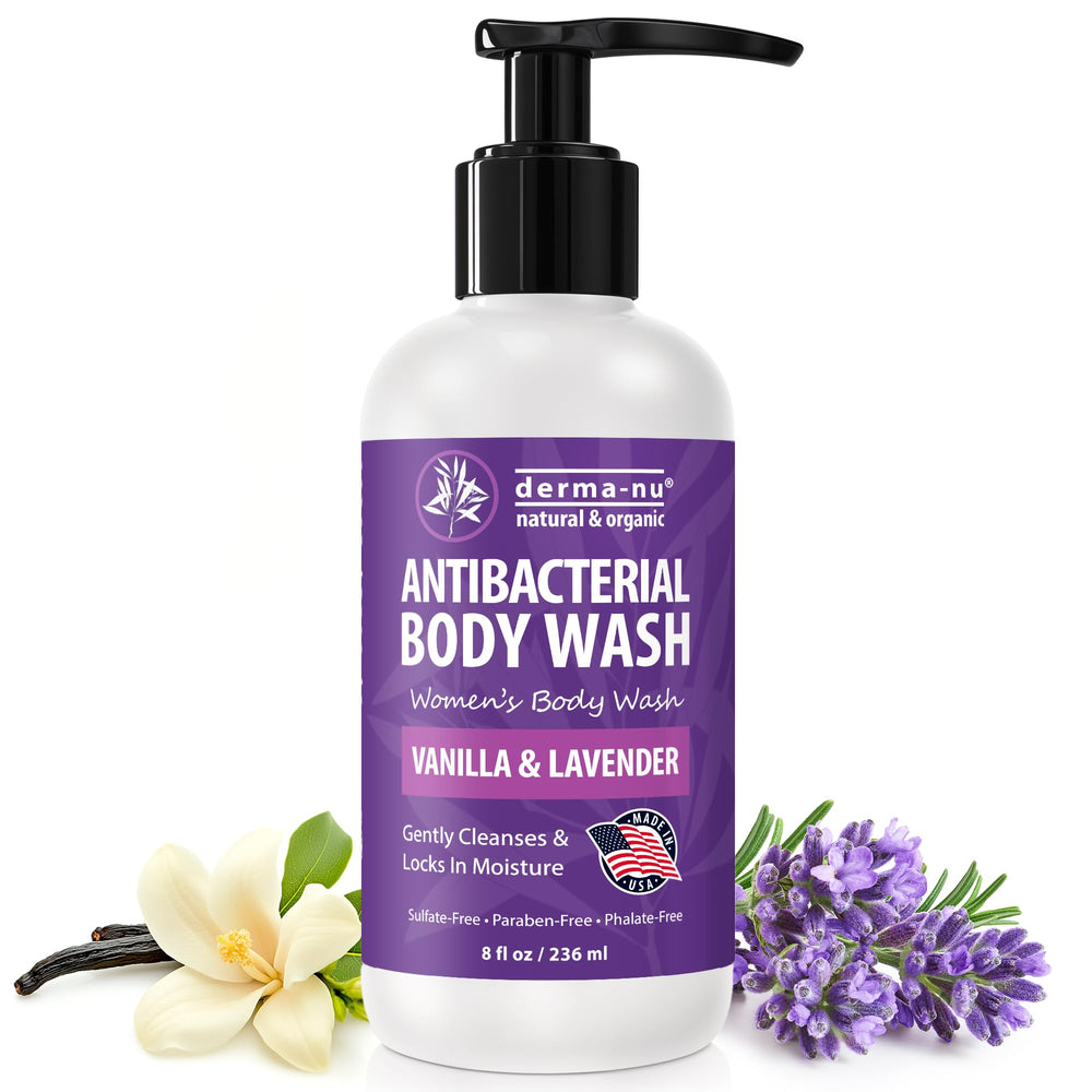 Derma-Nu antibacterial body wash bottle promotes fresh, clean skin for daily use.