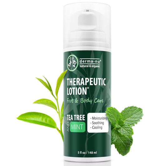 Derma-Nu foot lotion with tea tree pump provides soothing hydration for itchy feet.