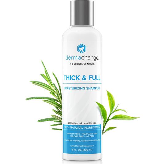 DermaChange Hair Growth Shampoo bottle closeup, sulfate-free formula for thinning hair