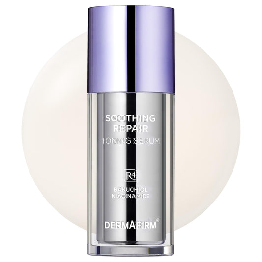 Dermafirm bakuchiol-serum bottle closeup for gentle nightly care.