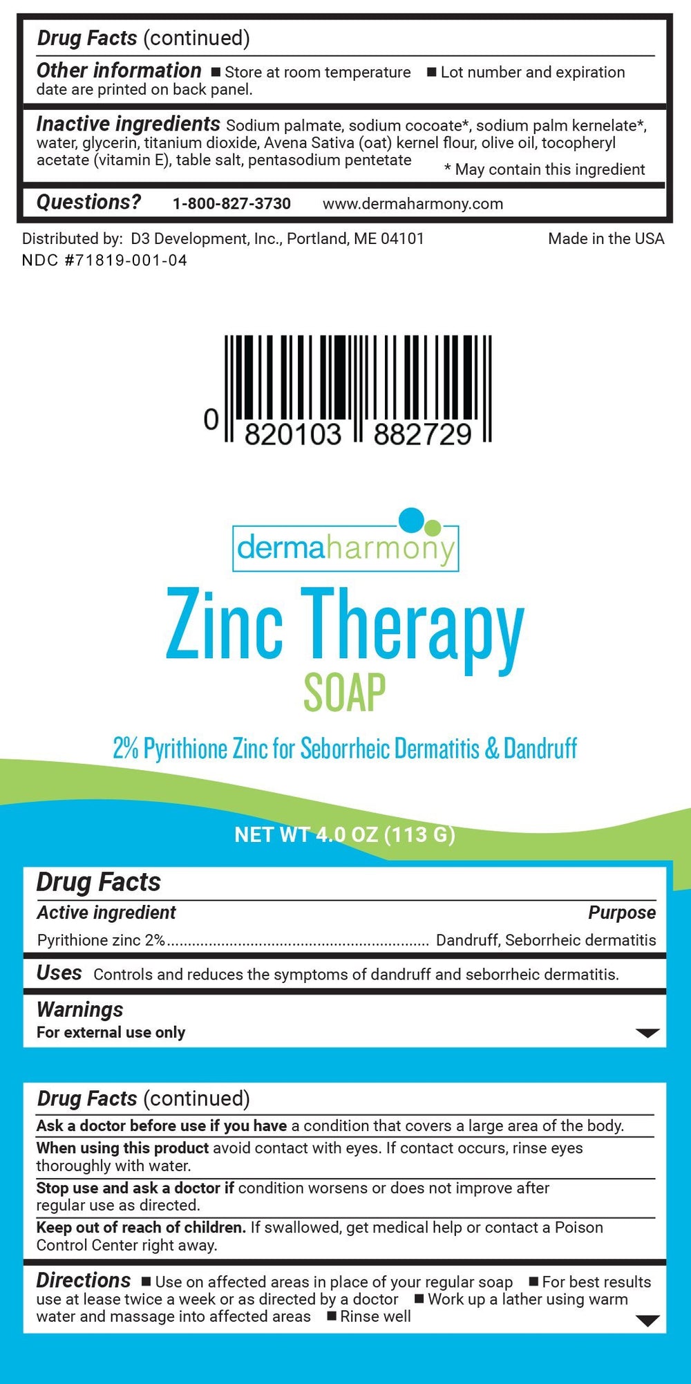 DermaHarmony Pyrithione Zinc 2% active close-up highlighting anti-itch formulation.