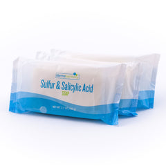 Dermaharmony sulfur-salicylic bar soap pack with three bars for daily cleansing.