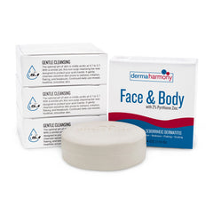 DermaHarmony unscented cleansing bar for face and body, gentle on sensitive skin.