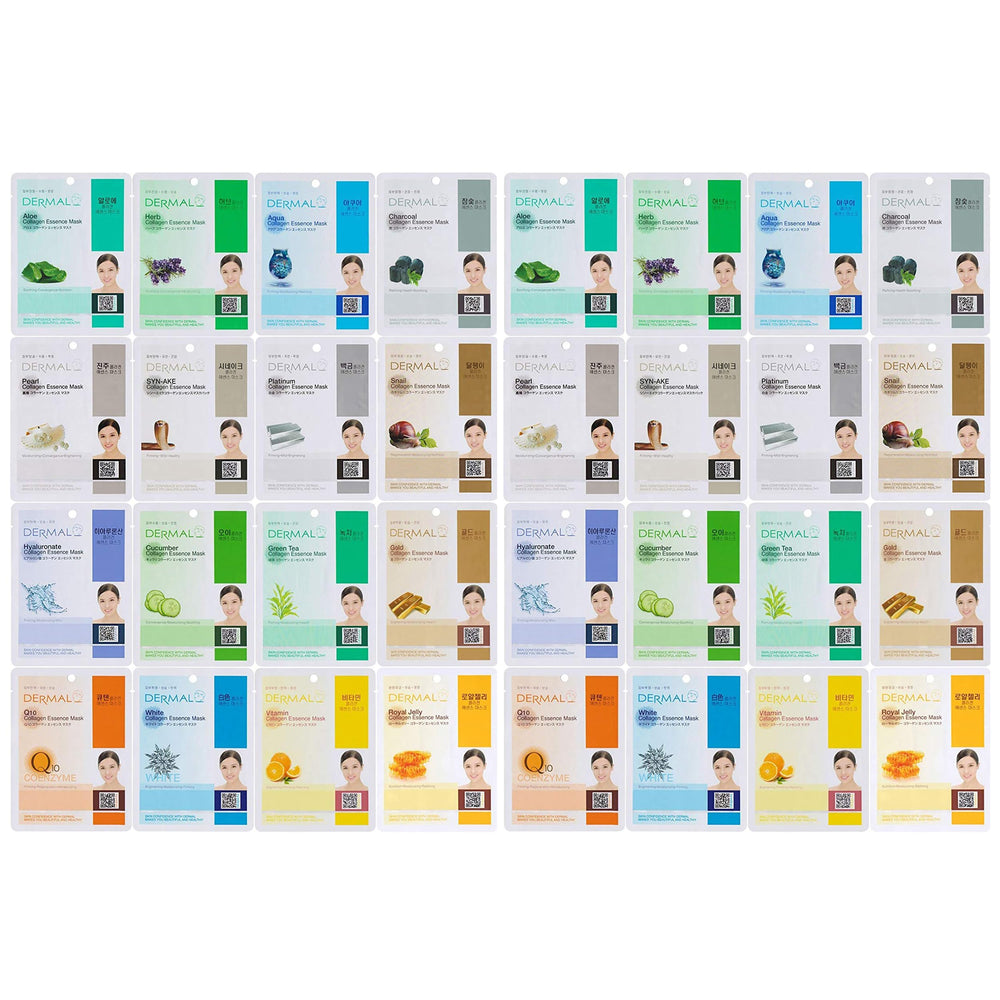DERMAL 32-combo-pack face masks box shows diverse masks for daily hydration