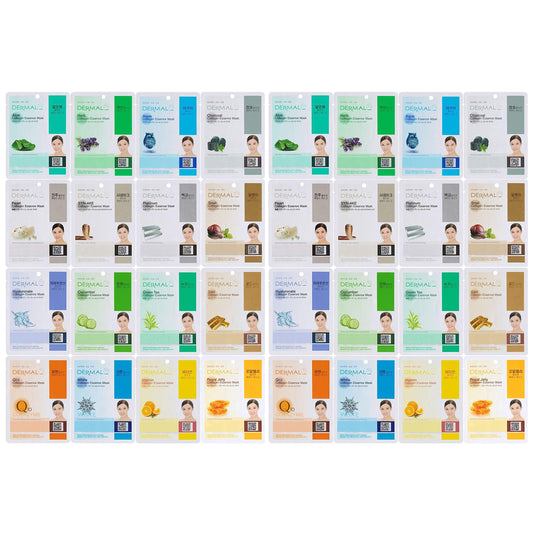 DERMAL 32-combo-pack face masks box shows diverse masks for daily hydration