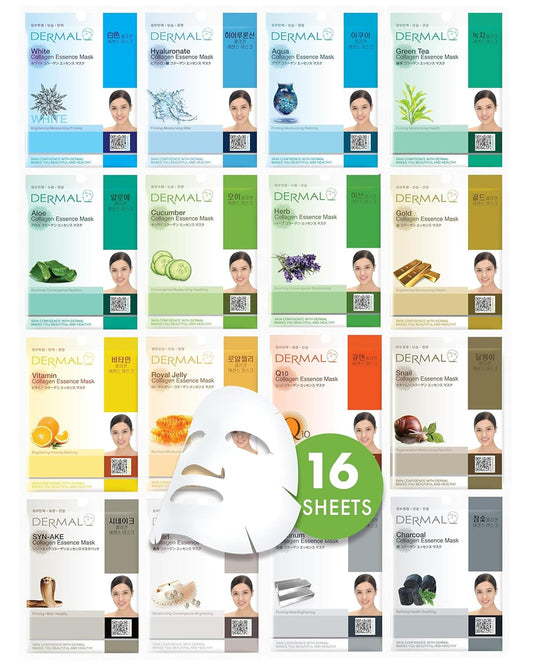 DERMAL Collagen Essence Sheet Mask 16-Pack variety in packaging, ready for daily skincare routine