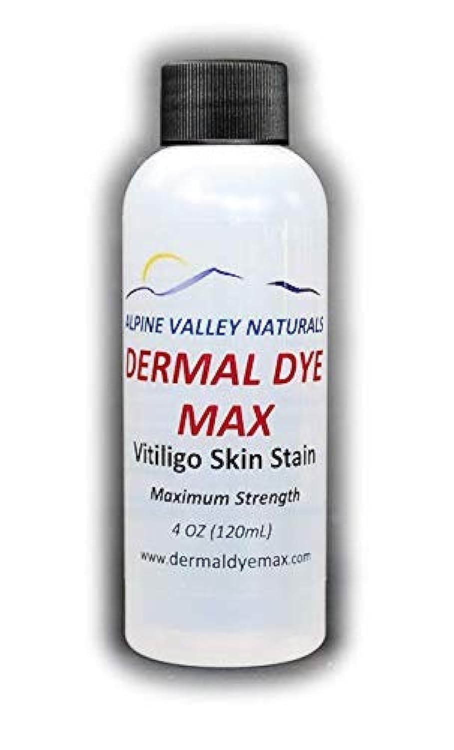Dermal Dye Max vitiligo stain bottle showing waterproof formula for even skin darkening.