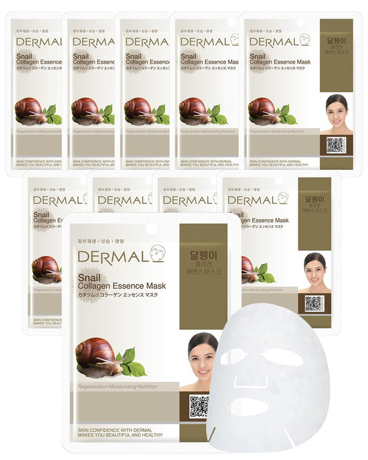 DERMAL Snail Collagen Mask Pack 10 flatlay showing hydration and glow potential.