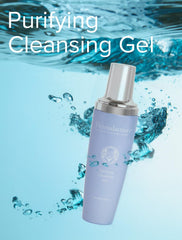 Dermalactives Purifying Cleansing Gel bottle with water splash for a refreshing rinse.