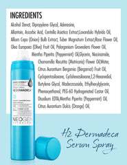 Texture-focused Neogen H2 Dermadeca spray on skin for hydrated radiance.