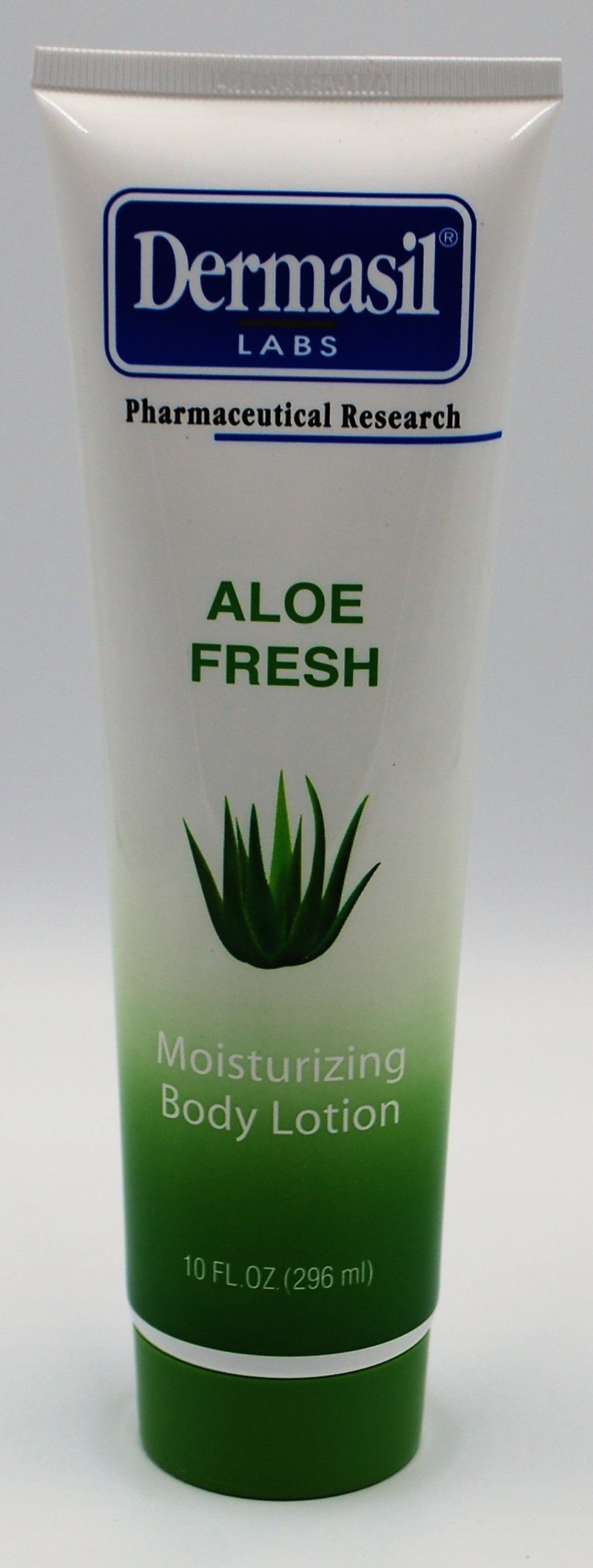 Dermasil Aloe Fresh lotion texture closeup shows non-greasy cream on skin.