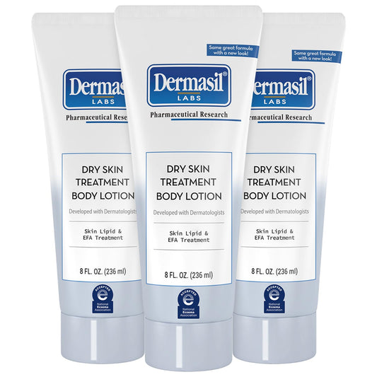 Dermasil 3-pack packaging displaying fragrance-free, hydrating lotion for dry skin