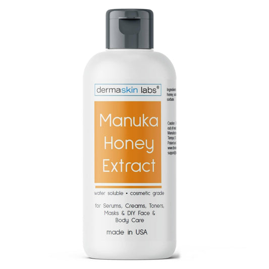 Dermaskin Labs Manuka Honey Extract Water Soluble bottle highlighting hydrating, lightweight feel